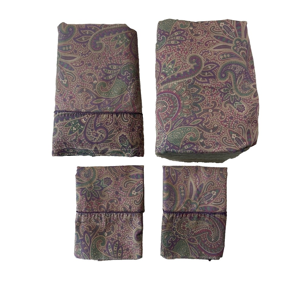 Vtg 4 Pc Ralph Lauren New Bohemian Paisley Purple QUEEN Sheet Flat Fitted Cases